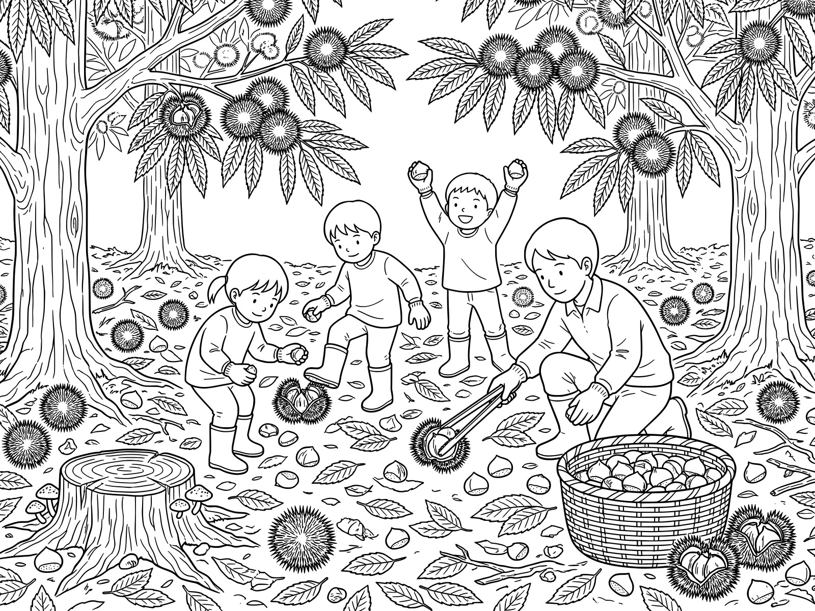栗拾いの無料塗り絵イラスト（知育・高齢者レク用）