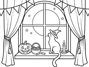 窓辺の黒猫の無料塗り絵イラスト（知育・高齢者レク用）