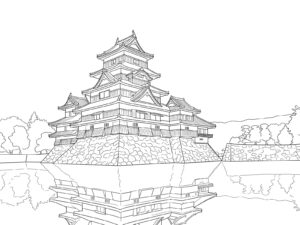 Free printable Matsumoto Castle: Keep reflection in the moat coloring page