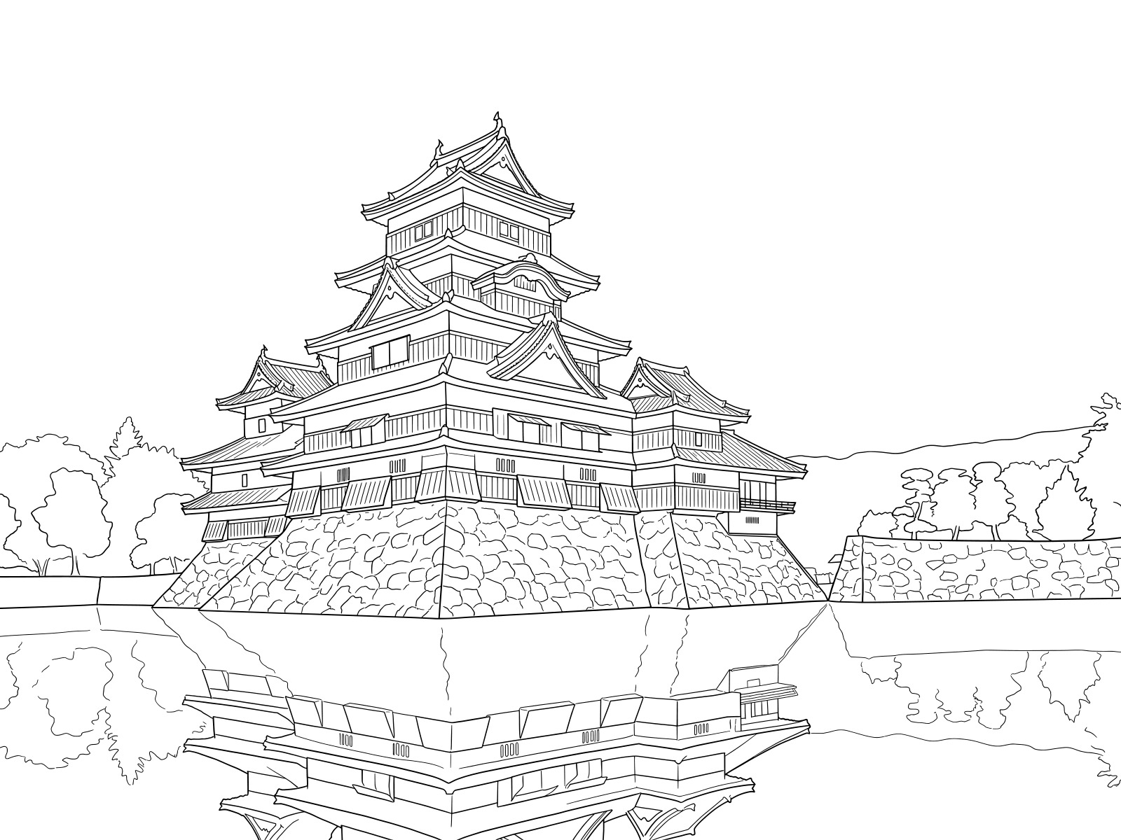Free printable Matsumoto Castle: Keep reflection in the moat coloring page