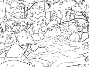 紅葉の奥入瀬渓流の無料塗り絵イラスト（知育・高齢者レク用）
