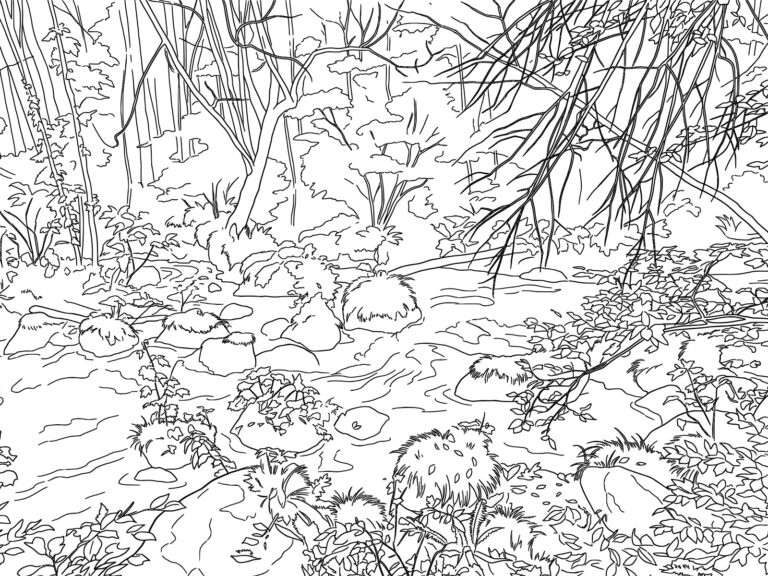 奥入瀬渓流の無料塗り絵イラスト（知育・高齢者レク用）