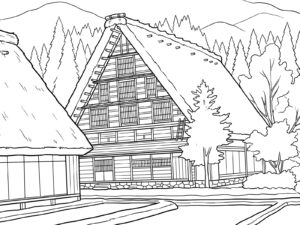 白川郷の合掌造りの無料塗り絵イラスト（知育・高齢者レク用）