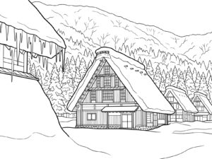 雪の白川郷の無料塗り絵イラスト（知育・高齢者レク用）