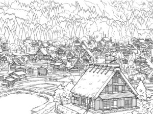 白川郷の合掌造りの無料塗り絵イラスト（知育・高齢者レク用）