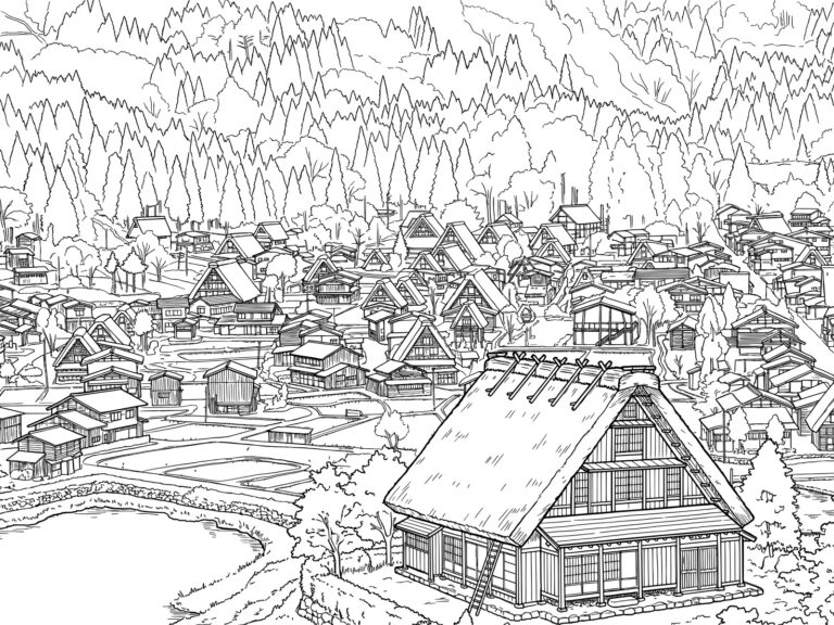 白川郷の合掌造りの無料塗り絵イラスト（知育・高齢者レク用）
