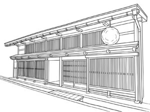 Free printable Takayama townhouses with sugidama coloring page