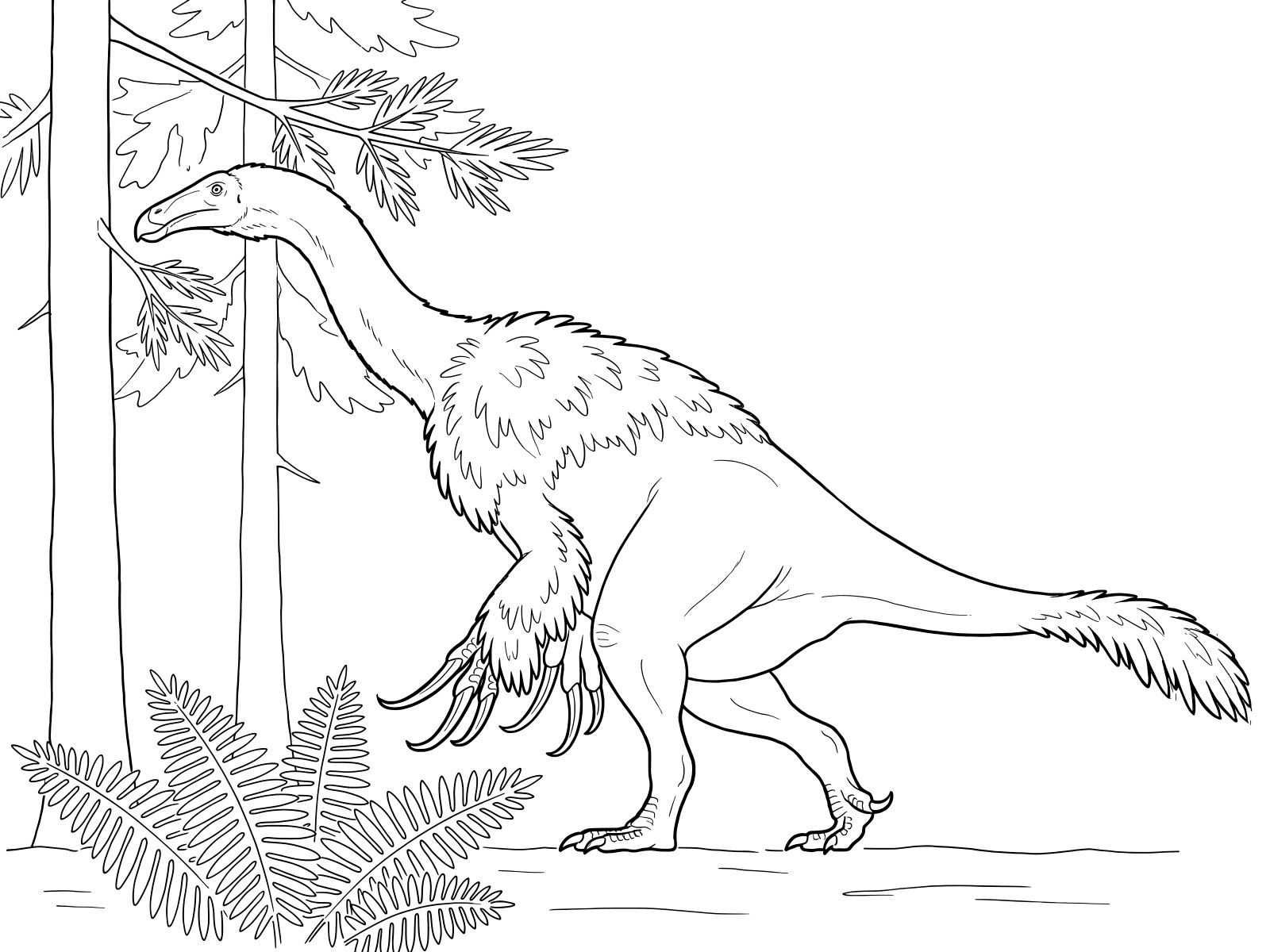 Free printable Therizinosaurus in the forest coloring page