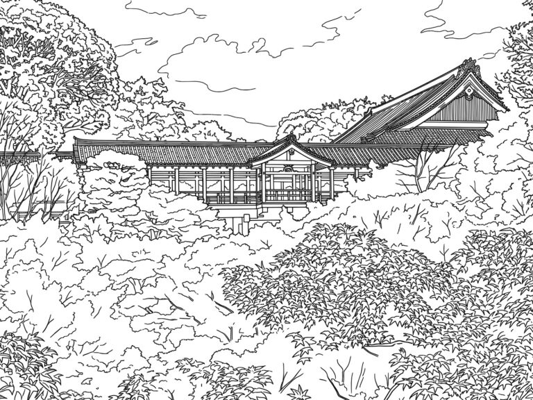 東福寺の通天橋の無料塗り絵イラスト（知育・高齢者レク用）