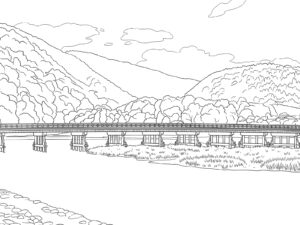 紅葉の嵐山と渡月橋の無料塗り絵イラスト（知育・高齢者レク用）