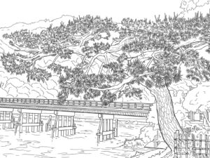 嵐山の渡月橋の無料塗り絵イラスト（知育・高齢者レク用）