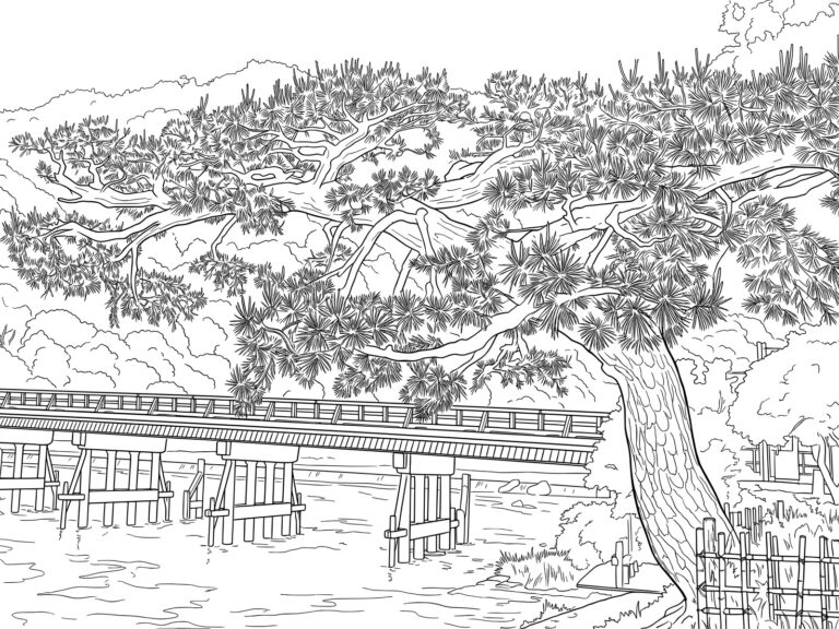 嵐山の渡月橋の無料塗り絵イラスト（知育・高齢者レク用）