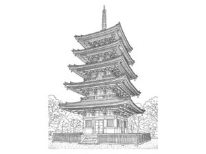 東寺の五重塔の無料塗り絵イラスト（知育・高齢者レク用）