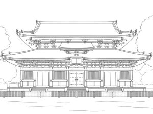 東寺の金堂 境内の無料塗り絵イラスト（知育・高齢者レク用）