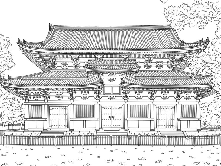 東寺の金堂の無料塗り絵イラスト（知育・高齢者レク用）
