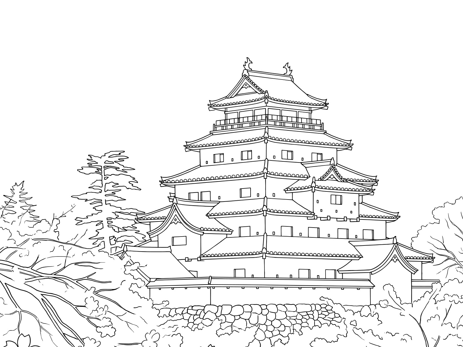鶴ヶ城 桜と天守の無料塗り絵イラスト（知育・高齢者レク用）
