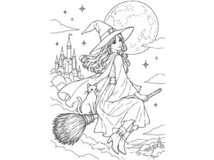 美しい魔女の無料塗り絵イラスト（知育・高齢者レク用）