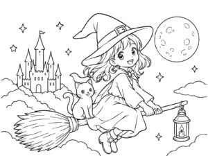 魔女の無料塗り絵イラスト（知育・高齢者レク用）
