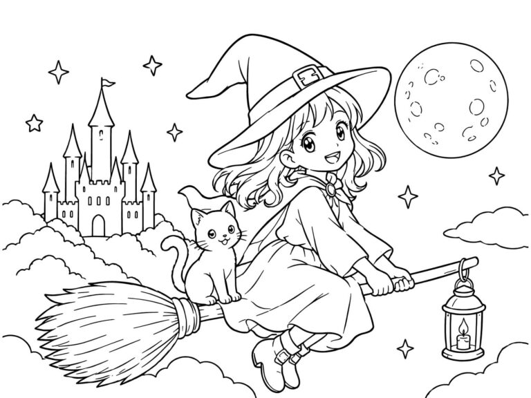 魔女の無料塗り絵イラスト（知育・高齢者レク用）