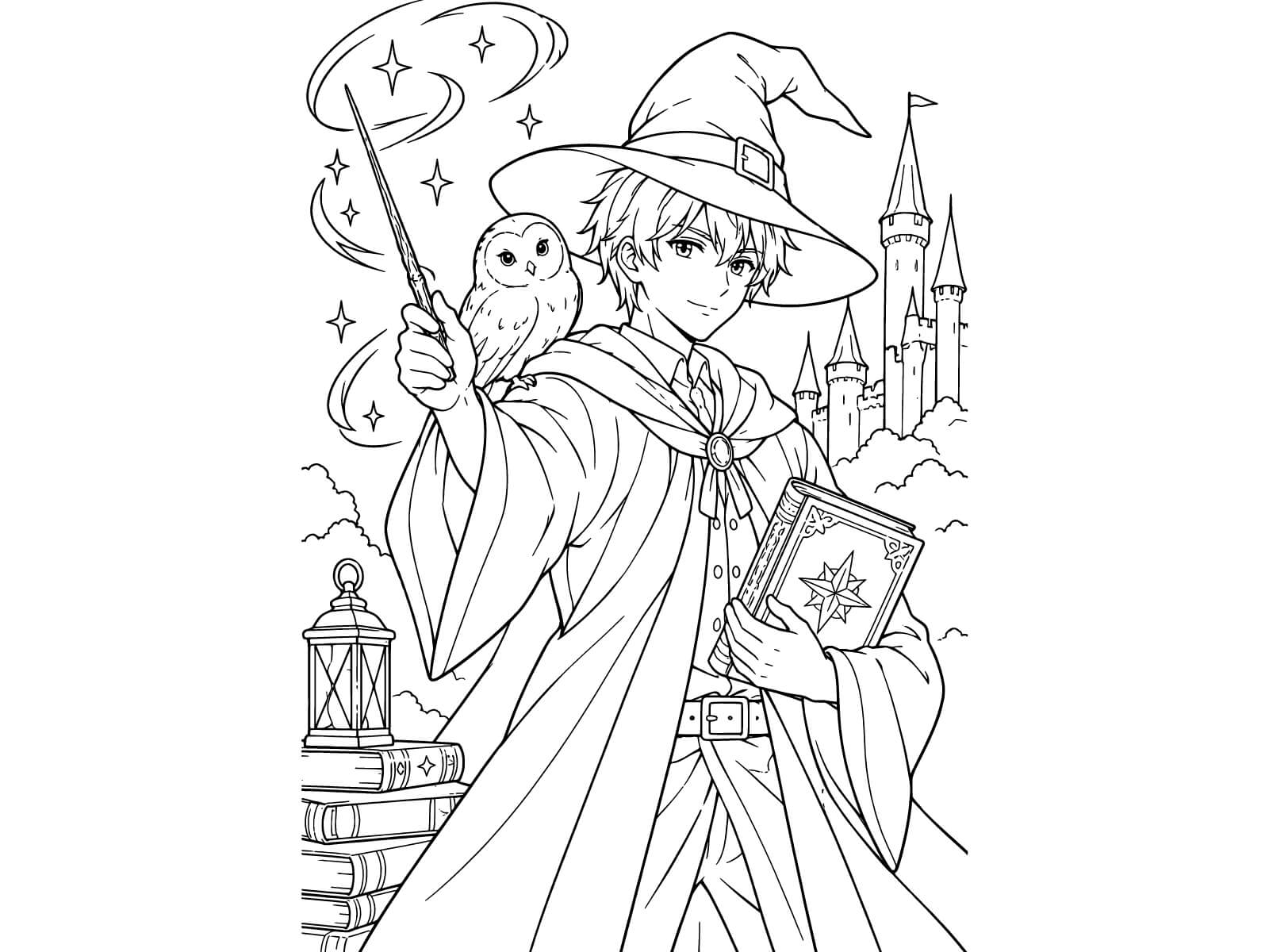 魔法使いの無料塗り絵イラスト（知育・高齢者レク用）