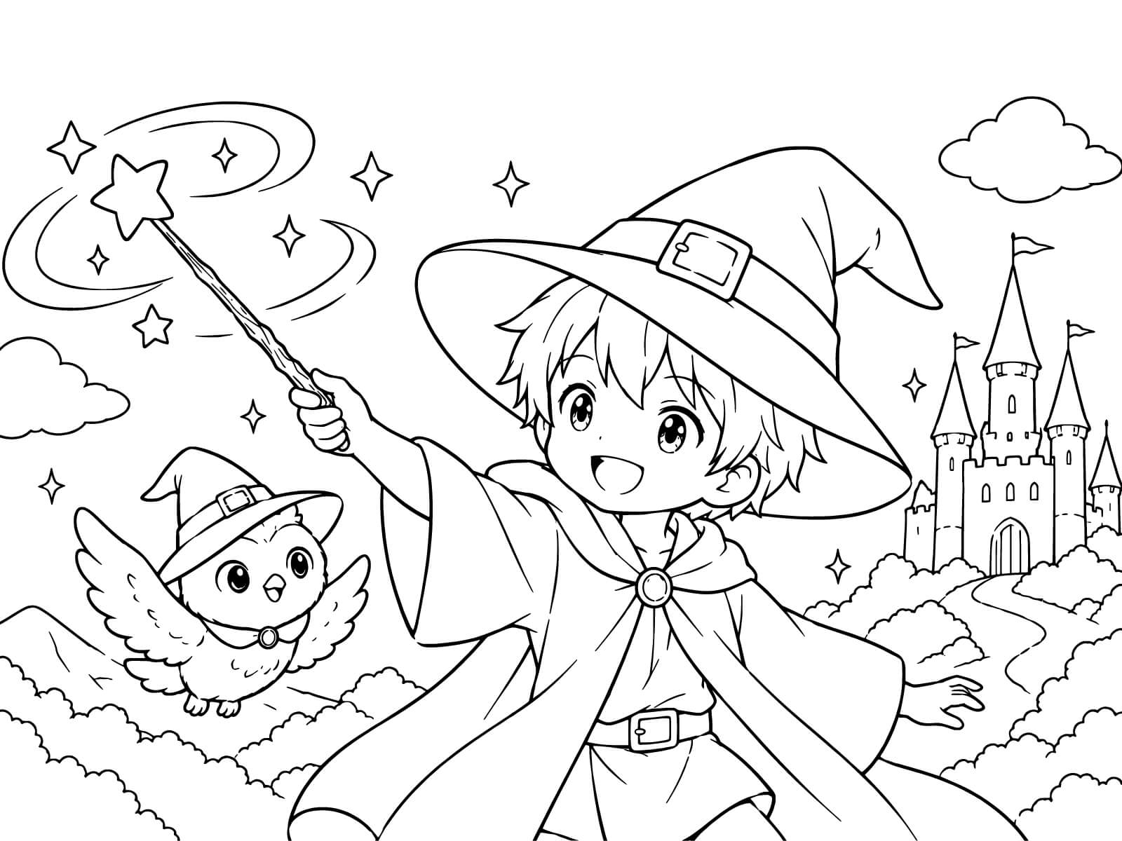魔法使いの無料塗り絵イラスト（知育・高齢者レク用）