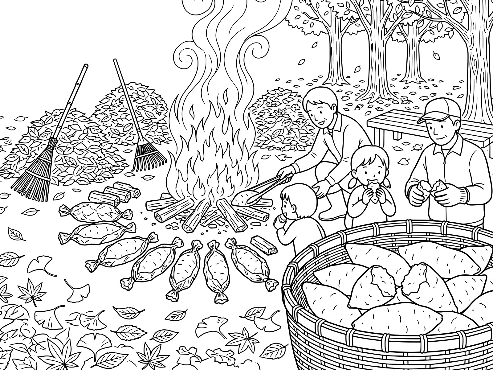 焼き芋大会の無料塗り絵イラスト（知育・高齢者レク用）