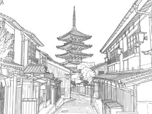 Free printable Yasaka Pagoda and Cobblestone Slope (Detailed) coloring page