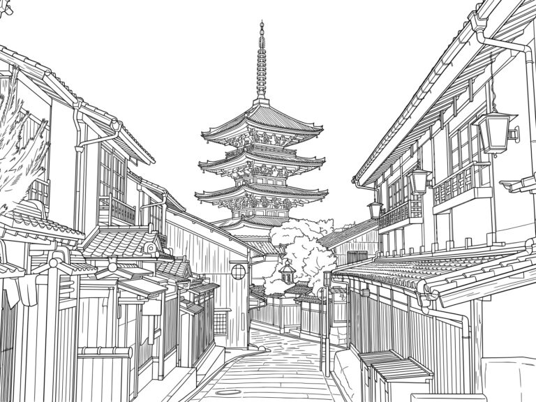 Free printable Yasaka Pagoda and Hanamikoji Street in Kyoto coloring page