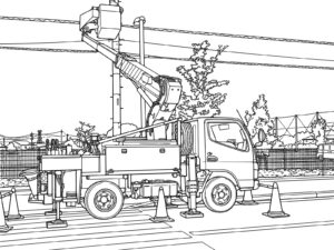 電柱の上で作業中の無料塗り絵イラスト（知育・高齢者レク用）