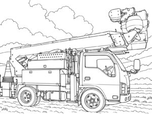 畑にとまる高所作業車の無料塗り絵イラスト（知育・高齢者レク用）