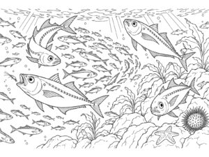 Free printable A school of horse mackerel swimming around the rocks coloring page