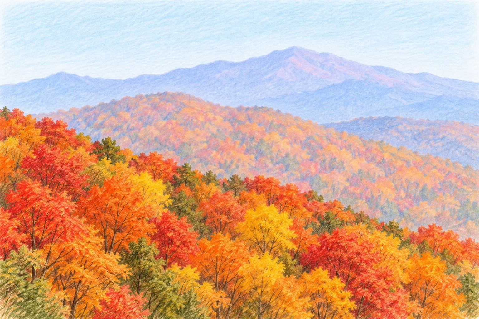 手前はこく、奥ほどうすく青っぽく塗った紅葉の山