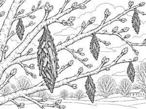 Free printable Bagworm on a winter cherry branch coloring page