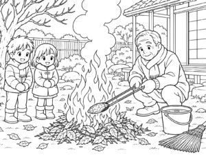 庭のたき火で焼きいもの無料塗り絵イラスト（知育・高齢者レク用）