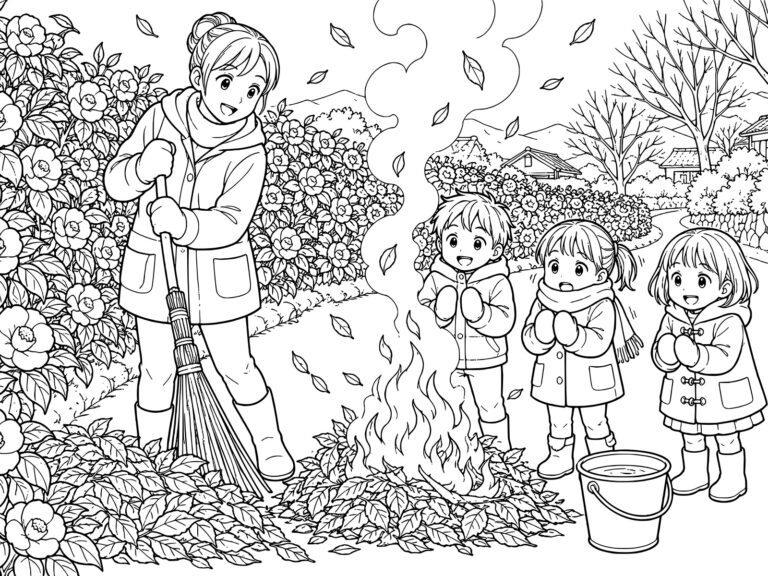 たき火の無料塗り絵イラスト（知育・高齢者レク用）