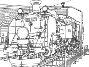 転車台のC11 207の無料塗り絵イラスト（知育・高齢者レク用）