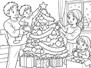 Free printable Decorating the tree with the family coloring page
