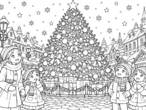Free printable Big Christmas tree in the town square coloring page