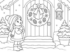 Free printable Christmas wreath at the front door coloring page