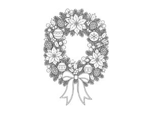 Free printable Poinsettia and pinecone wreath coloring page