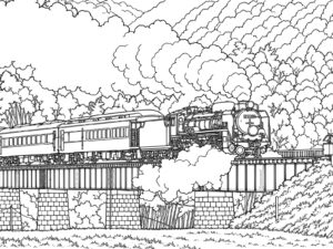 鉄橋をわたるD51 200の無料塗り絵イラスト（知育・高齢者レク用）