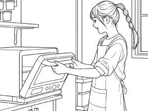 Free printable Girl using a microwave oven coloring page