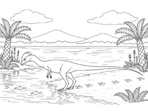 ディロフォサウルスの水辺さがしの無料塗り絵イラスト（知育・高齢者レク用）