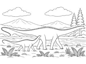 Free printable A Diplodocus Parent and Child Taking a Walk coloring page