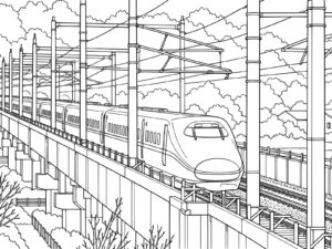 高架を走るE2系の無料塗り絵イラスト（知育・高齢者レク用）