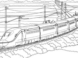 田んぼの中を走るE8系の無料塗り絵イラスト（知育・高齢者レク用）