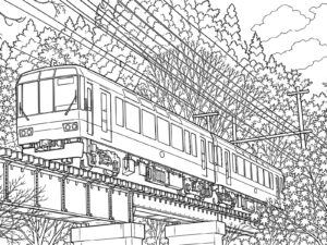 Free printable Kirara crossing a railway bridge in autumn leaves coloring page