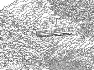 Free printable Kirara running through the valley of autumn leaves coloring page