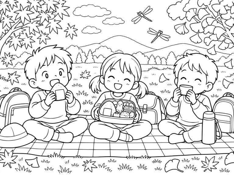 遠足の無料塗り絵イラスト（知育・高齢者レク用）