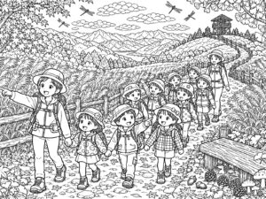 秋の高原の遠足（細密）の無料塗り絵イラスト（知育・高齢者レク用）